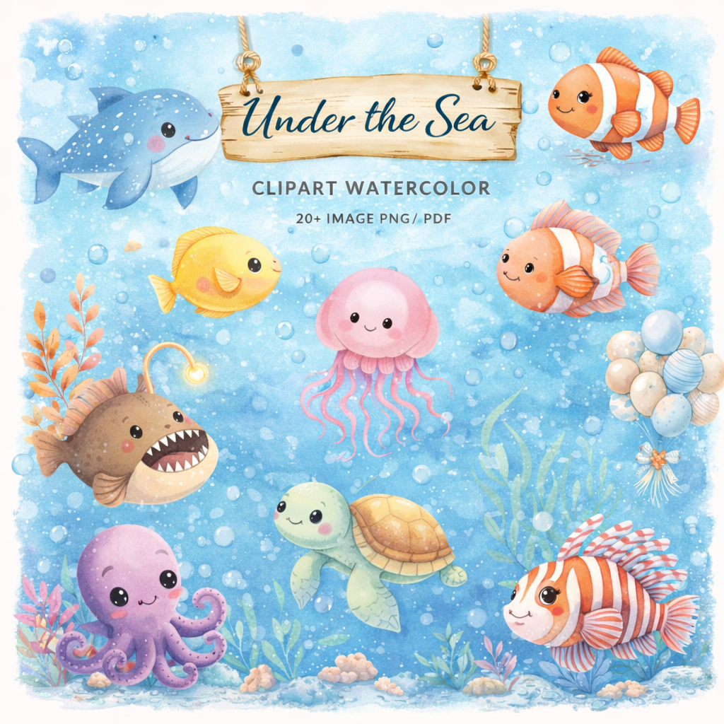 Under the Sea Clipart | 20 Ocean Animals PNG & PDF | Favello