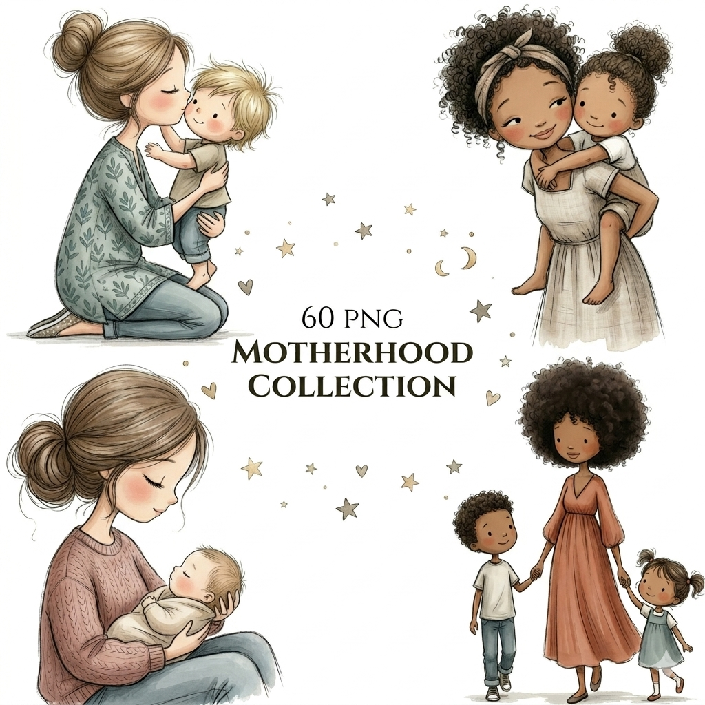 Motherhood Clipart Collection – 60 PNG Mom & Child Illustrations | Favello